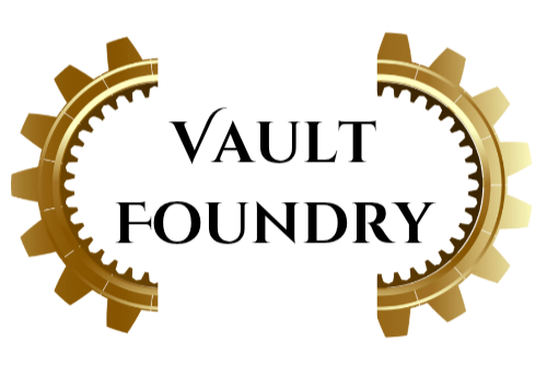 Logo of Vault Foundry with gold gears on a white background