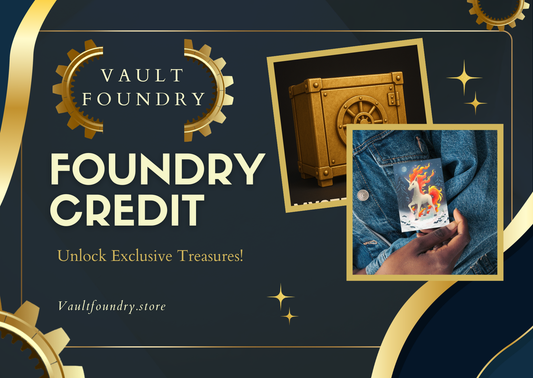 Promotional graphic for Vault Foundry with a gold lock, denim jacket, and card held by a hand.