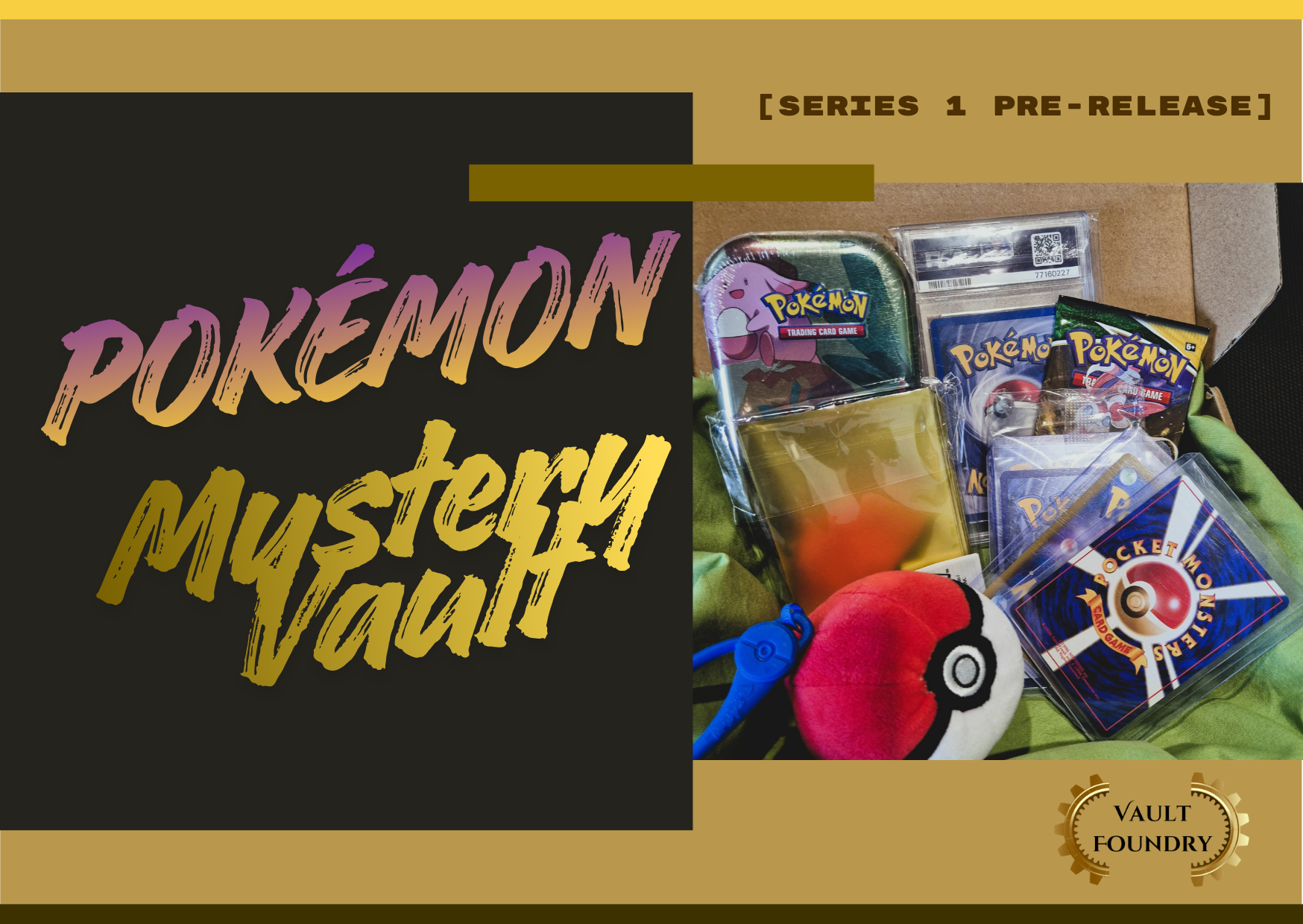 Pokémon Mystery Vault packaging with Poké Ball and other items on a black and gold background.