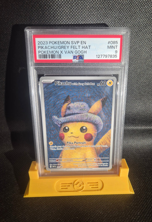 Pokémon trading card in a protective case on a dark textured background