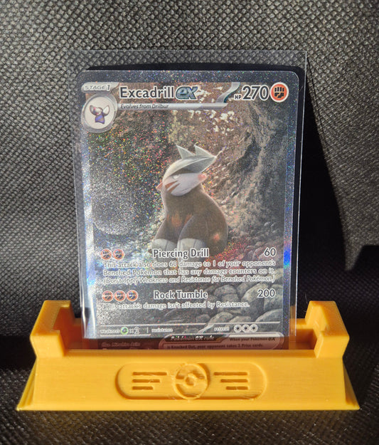 Pokémon Trading card in a protective holder on a textured surface